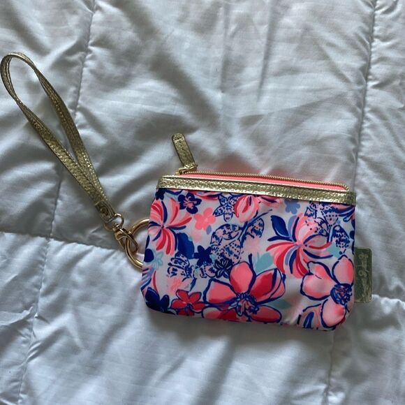 Lilly Pulitzer - blue and pink with gold hardware small wristlet- like new - Picture 1 of 5